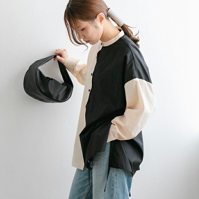 日本 ihuu - 側抽繩條紋撞色長袖襯衫-奶茶