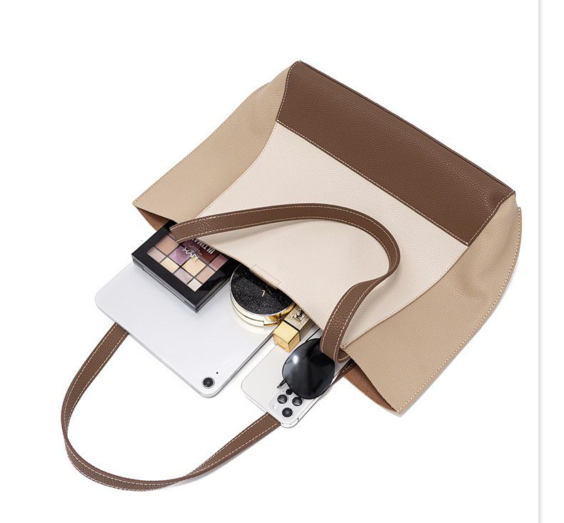 真皮簡約大容量拼色托特包-米白色 (40x10x29cm)