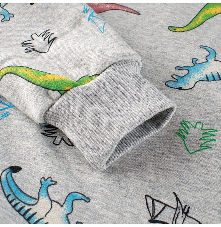 加絨棉質圓領長袖上衣/大學T-塗鴉恐龍-灰色