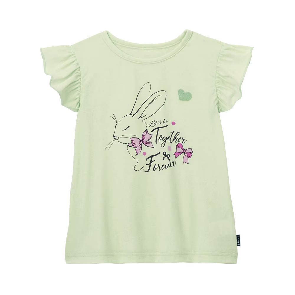 純棉甜美荷葉短袖上衣-蝴蝶結兔兔-淺綠