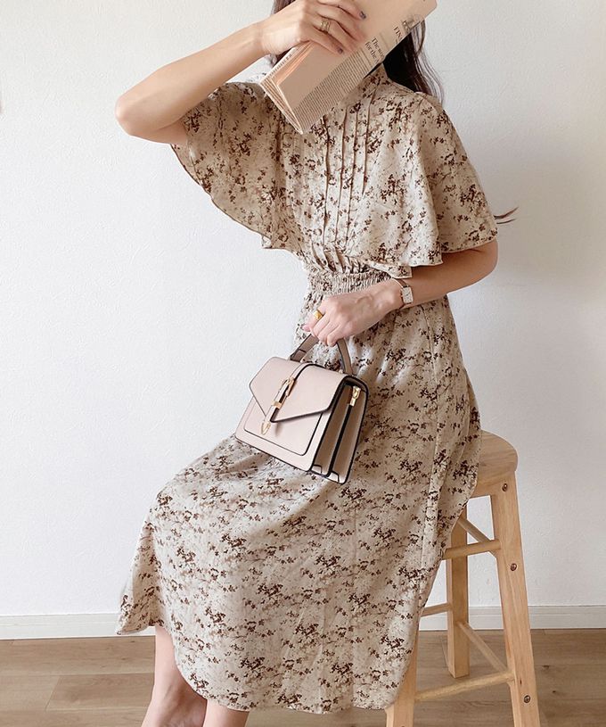 日本 Classical Elf - 優雅質感荷葉袖碎花洋裝-冰河藍