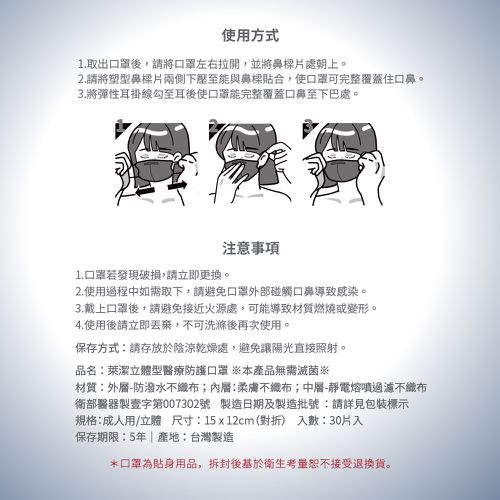 3D立體型醫療防護口罩（成人用）牛仔金屬藍 30入盒裝