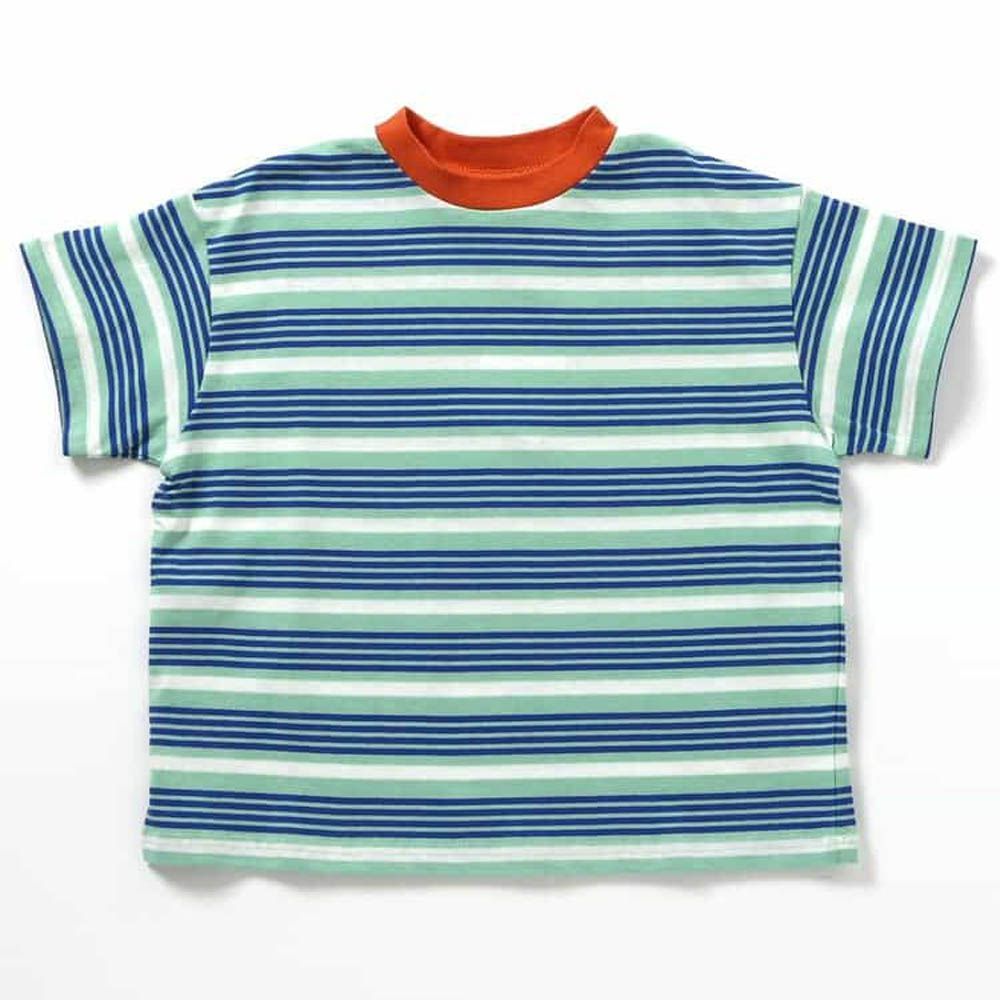 100%棉 百搭條紋落肩短袖上衣-薄荷綠X藍