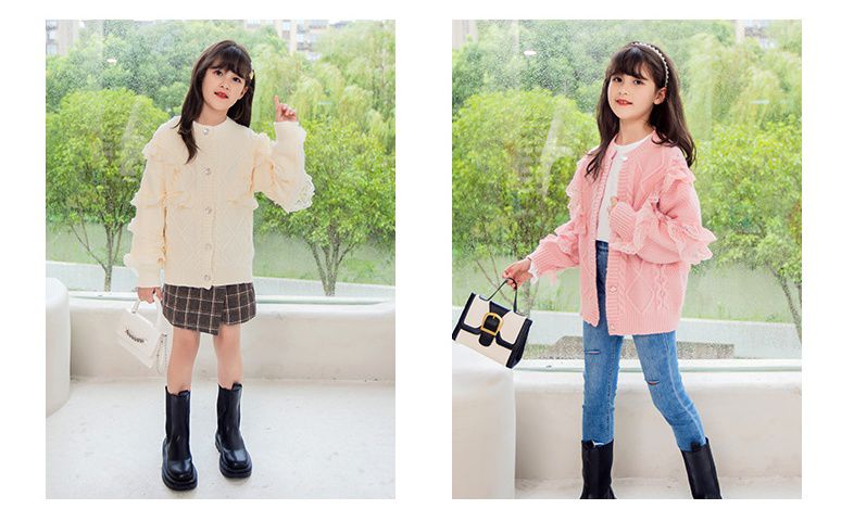 甜美蕾絲花邊針織毛衣外套-米杏