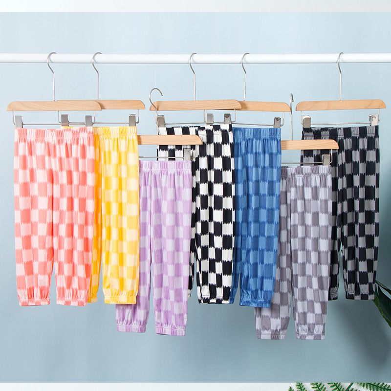 涼感透氣百搭防蚊褲/空調褲-大大格紋-黃色