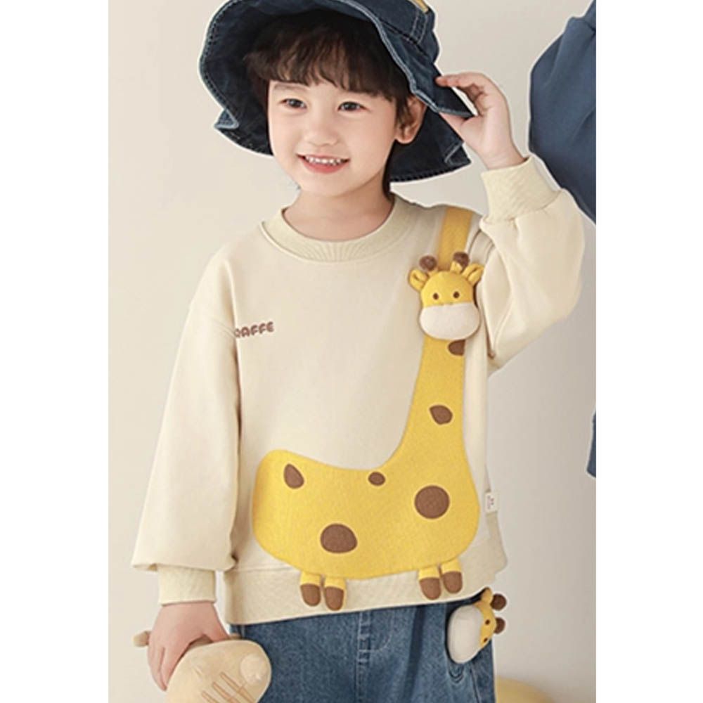 圓領大學T/長袖上衣-立體長頸鹿-米色