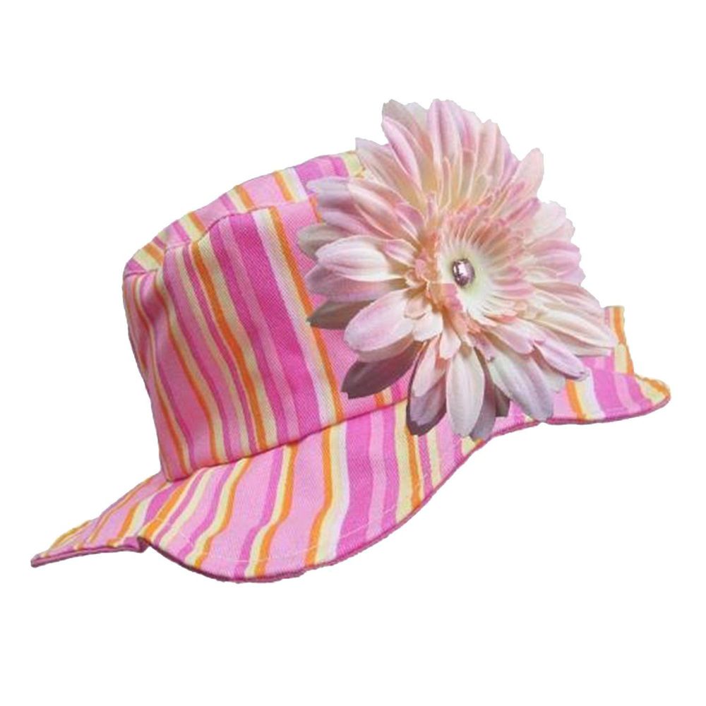 美國 Jamie Rae - 100%純棉帽-糖果粉條紋遮陽帽+淡粉雛菊
