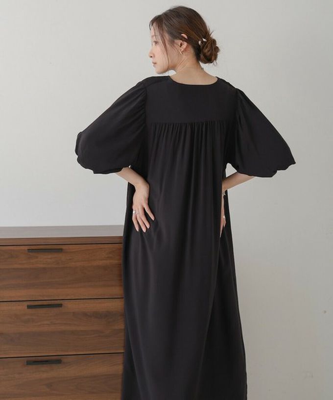 日本 Bab - 領口休閒綁帶泡泡短袖洋裝-焦糖棕 (M)