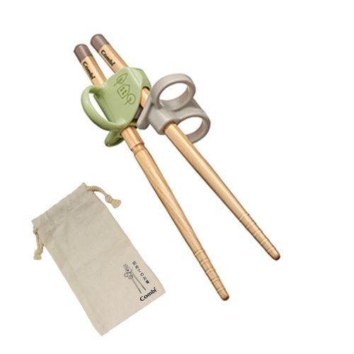 日本 Combi - 木製三階段彈力學習筷-左手-木屋綠-日本製+贈學習筷環保收納袋