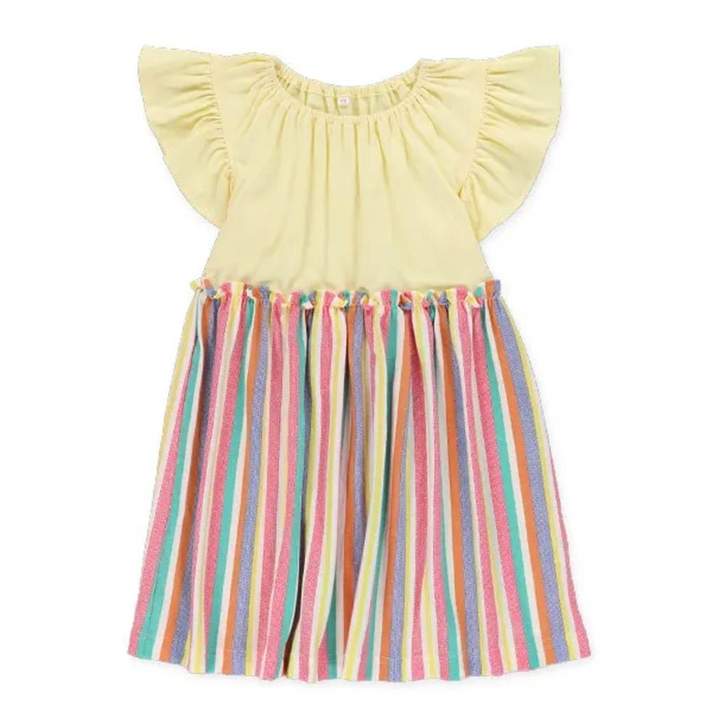 彩色條紋可愛荷葉短袖洋裝-淺黃