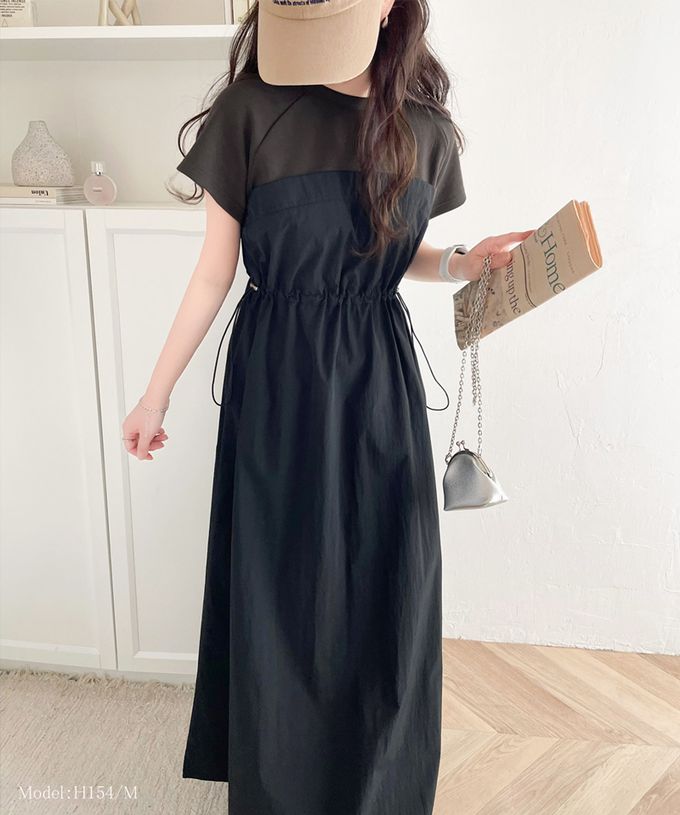 日本 Classical Elf - 法式袖拼接縮腰抽繩洋裝-炭灰x黑