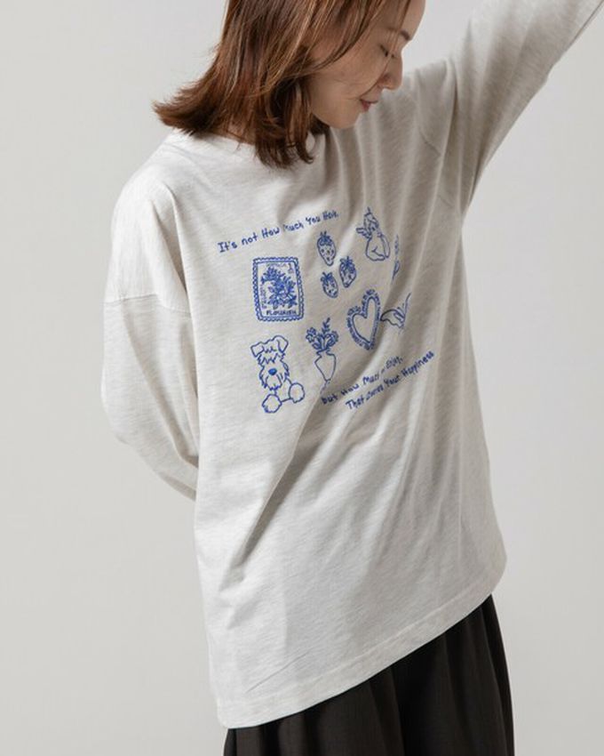 日本 gleam - 甜蜜刺繡印花休閒寬版長袖T恤-黑