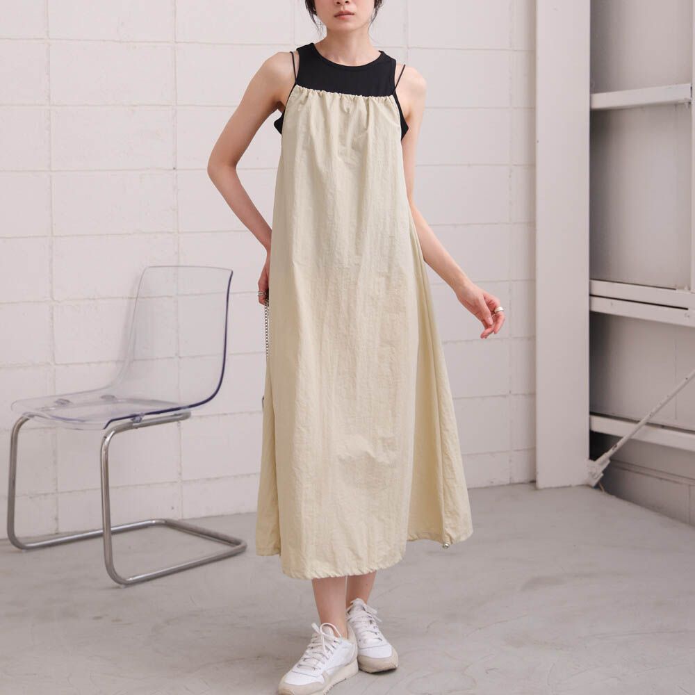 下擺澎澎氣球尼龍吊帶洋裝-米白