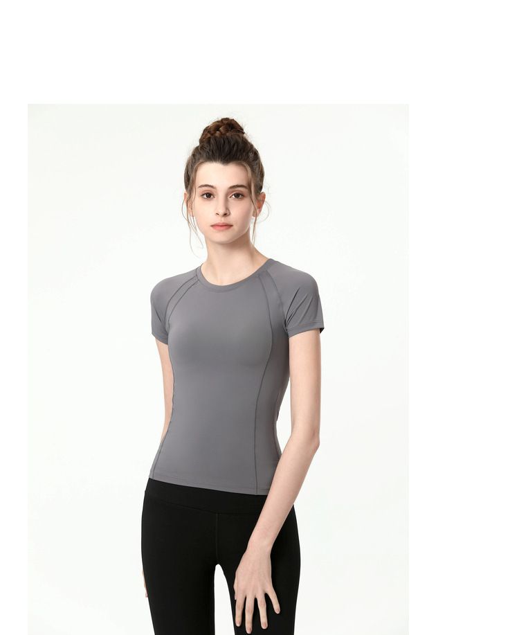 S~4XL圓領緊身運動短袖上衣-灰色
