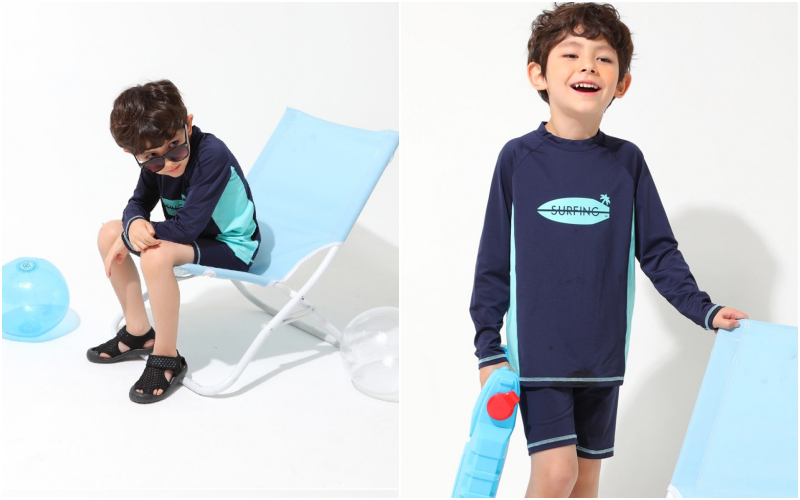 韓國 OZKIZ - 長袖防曬兒童泳衣-二件組-黑色椰子島