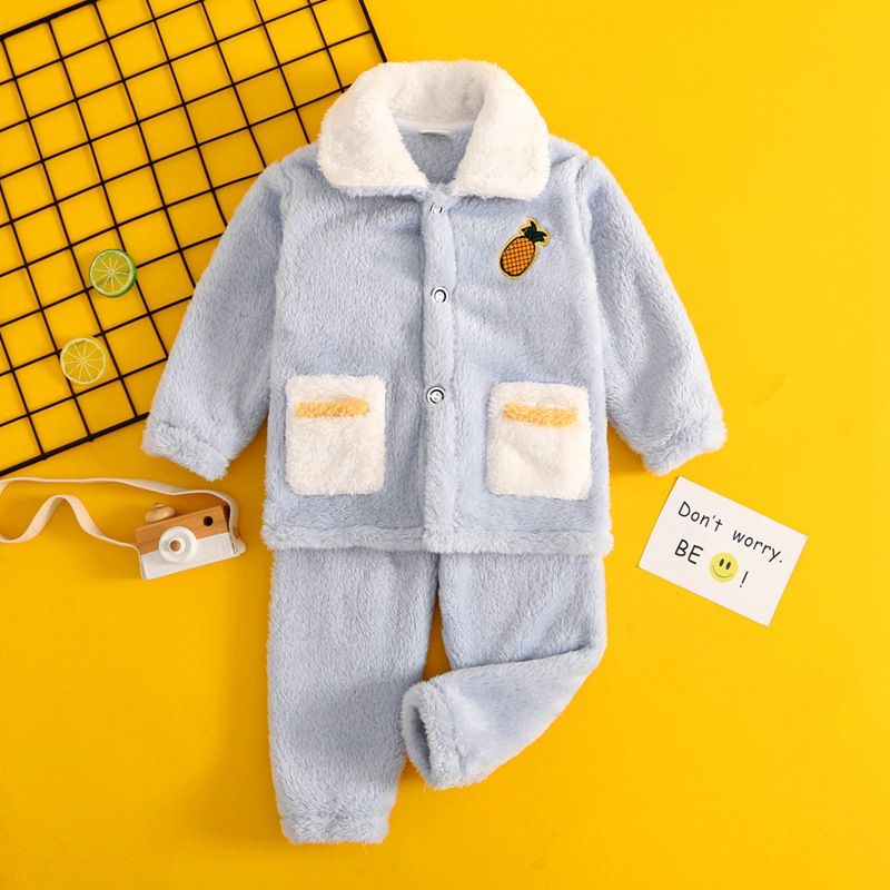 法蘭絨兒童長袖睡衣-皇冠企鵝-灰藍色