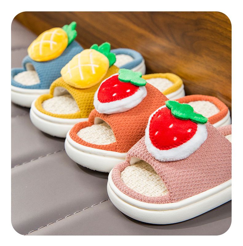 兒童款亞麻室內拖鞋-立體水果-藍色