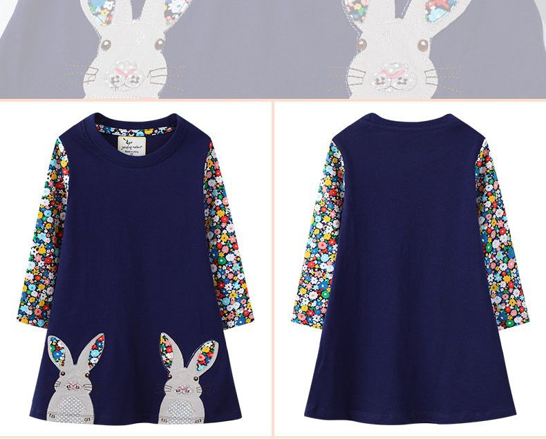 Jumping meters - 棉質圓領長袖連身洋裝-碎花兔兔-深藍色