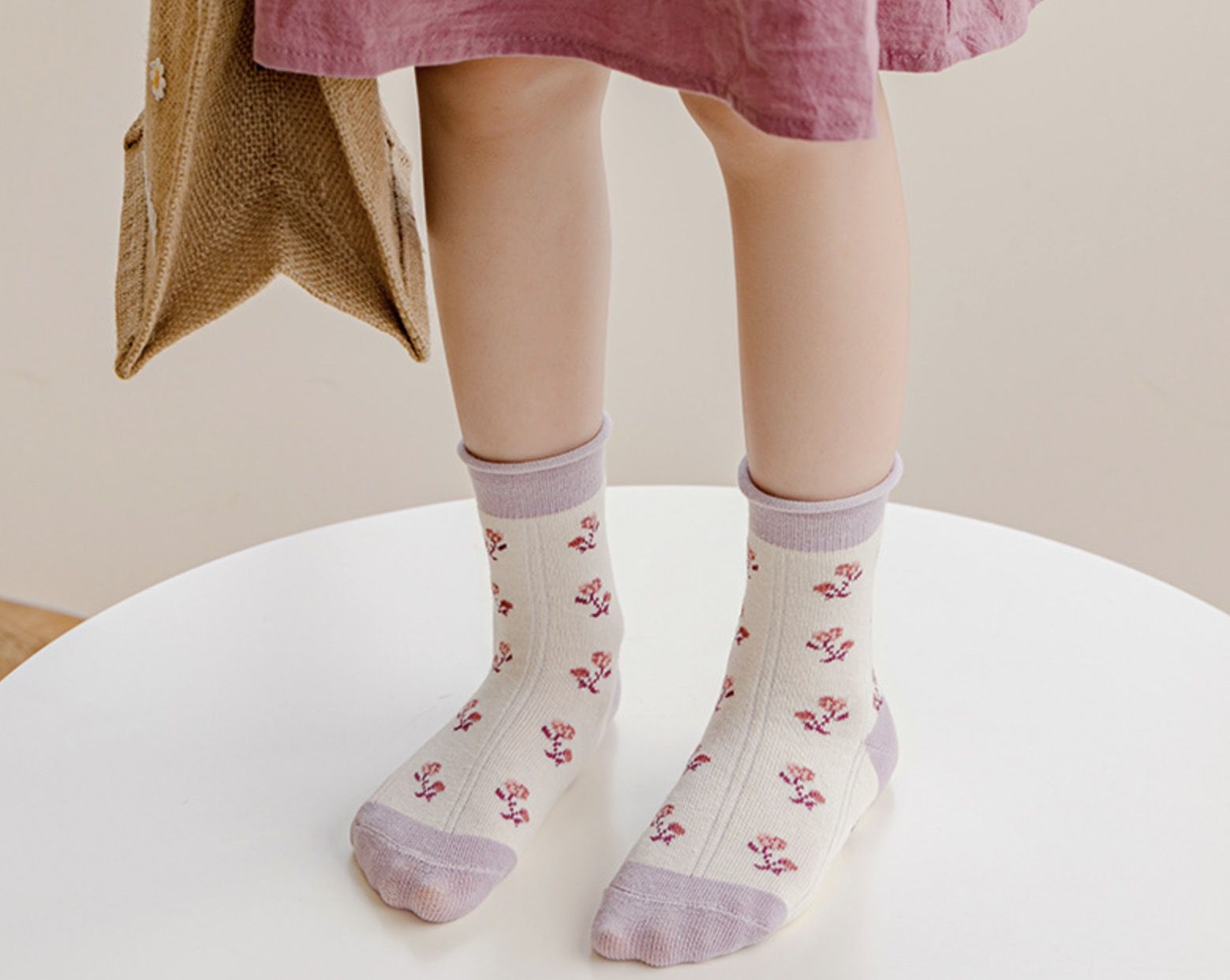 love, charlotte - 香芋玫瑰小兔子花邊中筒襪-5 雙一組