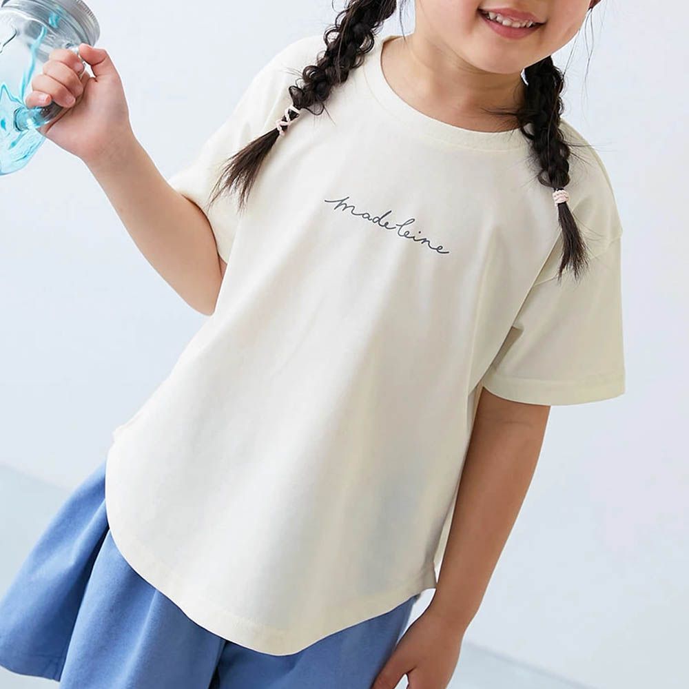 接觸涼感 女孩印花短袖上衣-英文logo-白