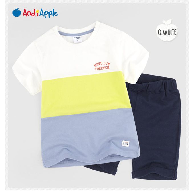 韓國 AndiApple - 文字印色塊拼接短袖套裝-深藍X白X灰綠