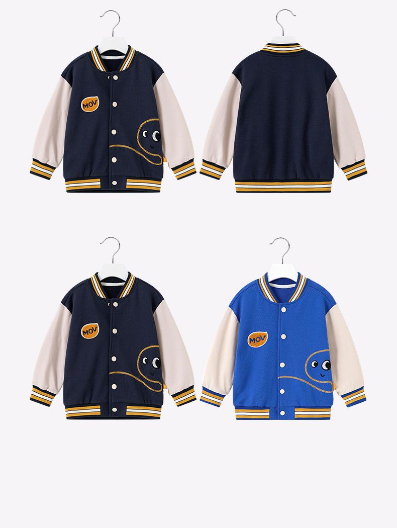 童趣拼色棒球外套-偷看恐龍-藍+杏