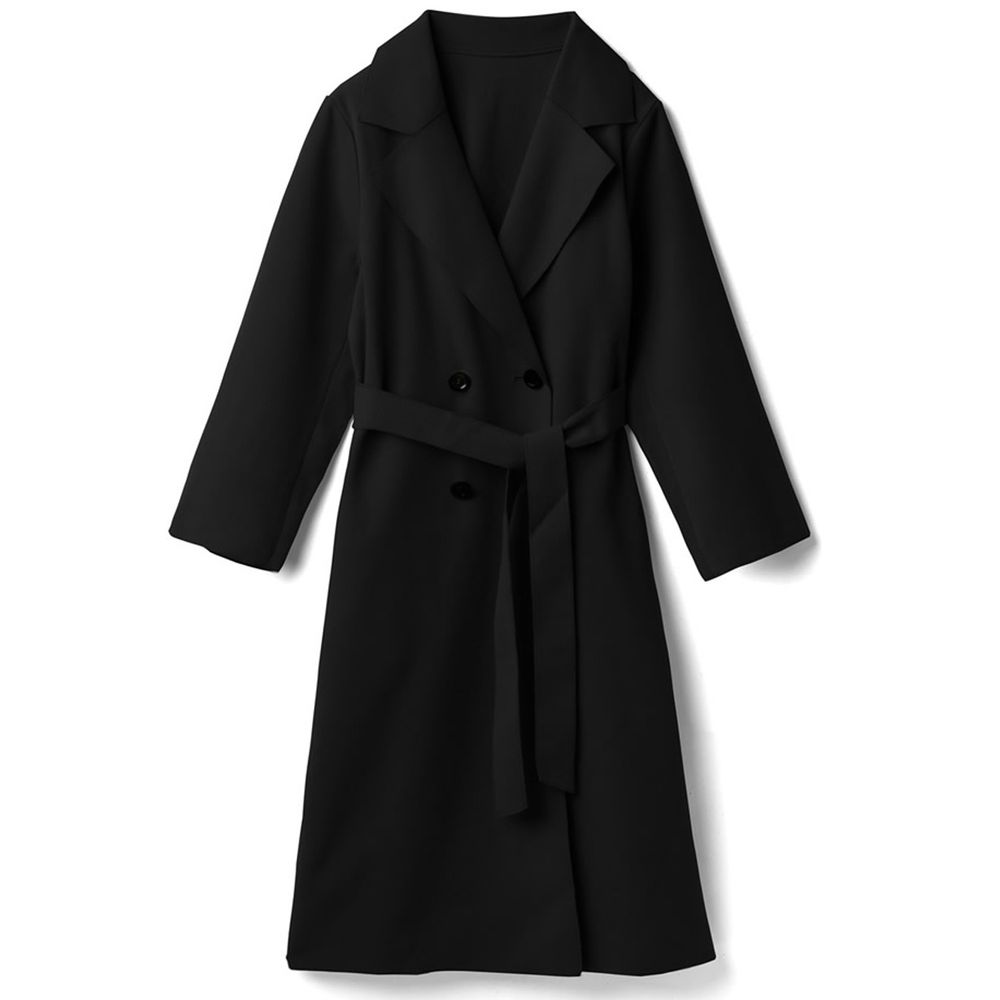 日本 GRL - 雙排釦綁帶修身風衣大衣-時尚黑