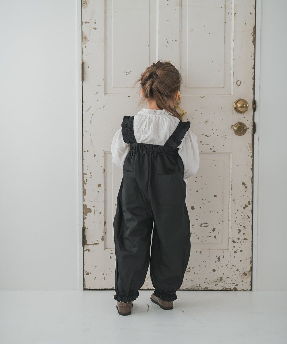 日本 riziere - 可愛荷葉澎澎燈籠吊帶褲-黑