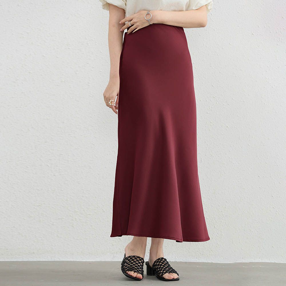 優雅緞面高腰魚尾裙-酒紅色