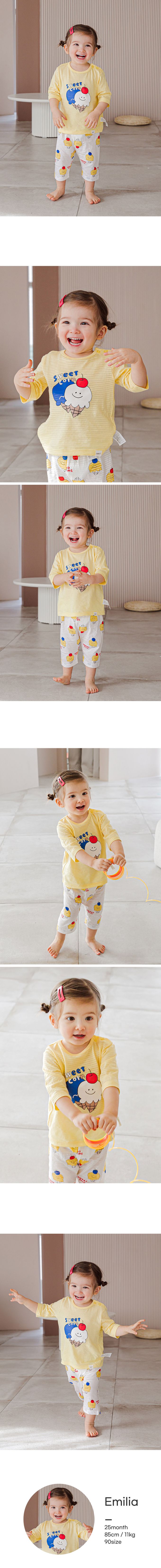 韓國 Cordi-i - 無螢光棉透氣緹花七分袖家居服-櫻桃冰淇淋-黃