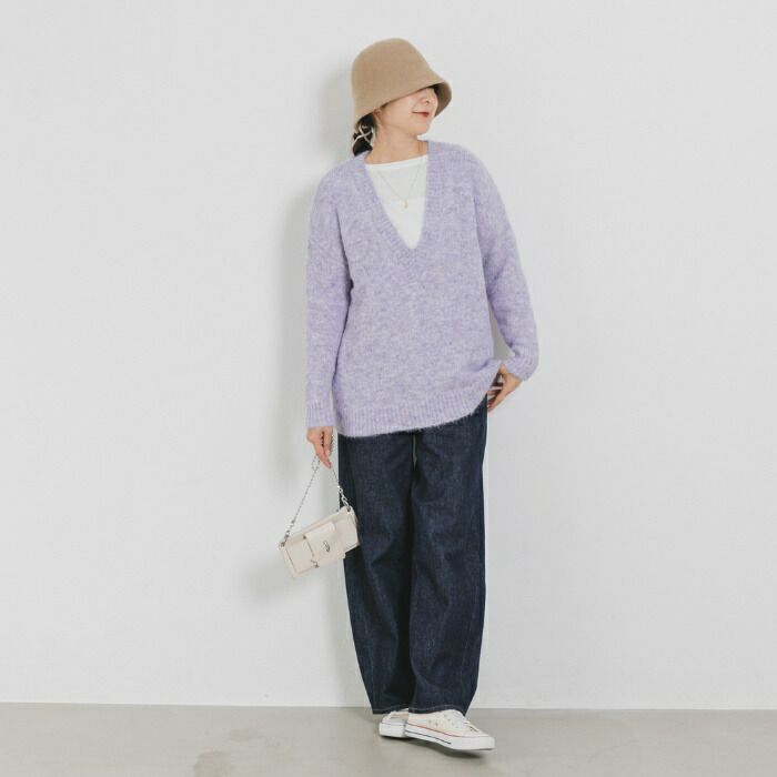 日本 ihuu - 柔軟深V領混羊毛針織上衣-紫羅蘭