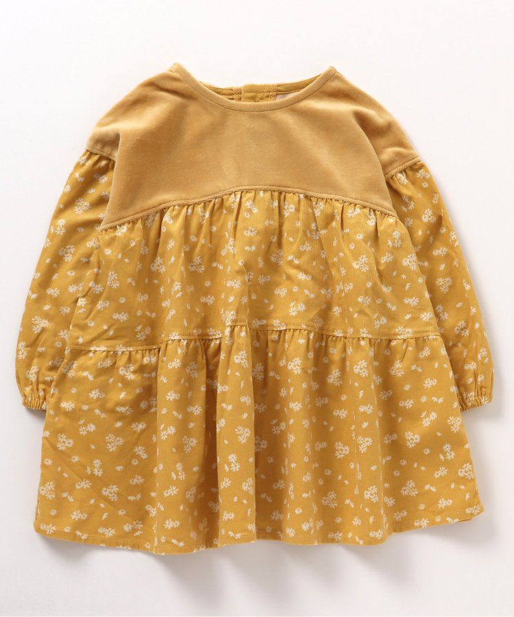 日本 BREEZE - 華美異素材拼接傘狀長袖洋裝-炭黑小花