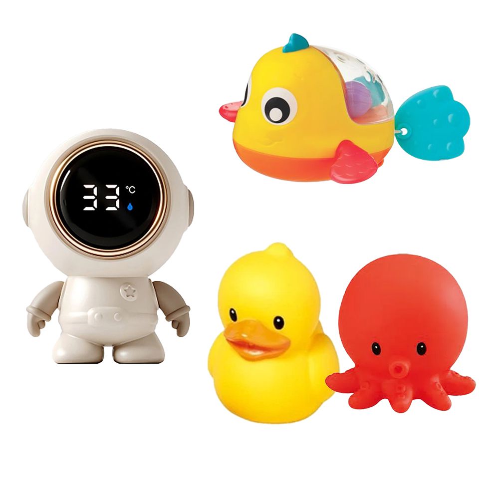 液晶溫度計太空人+軟膠洗澡玩具x2+水中搖搖洗澡小魚