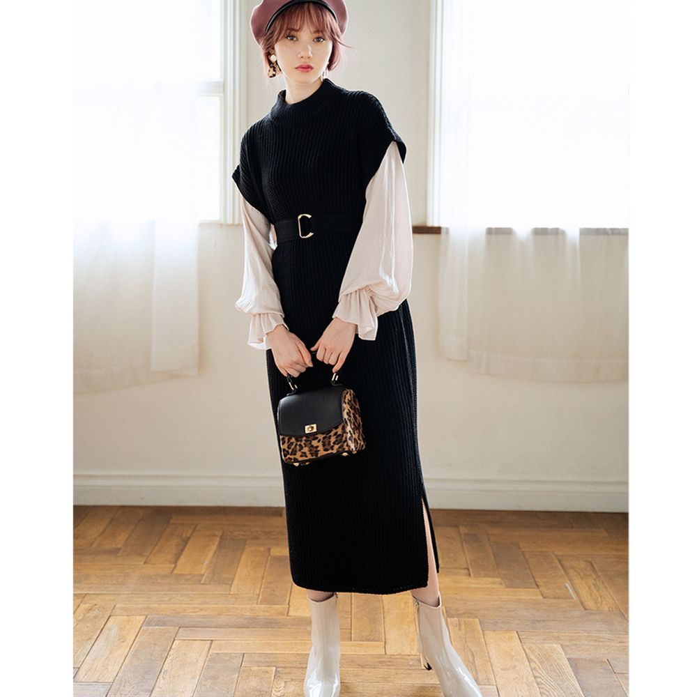 日本 GRL - 假兩件針織背心長裙X束口袖上衣洋裝-黑