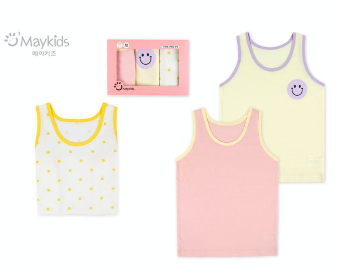 韓國 Maykids - (3入組)女寶無螢光棉親膚背心-微笑點點-黃X粉X白