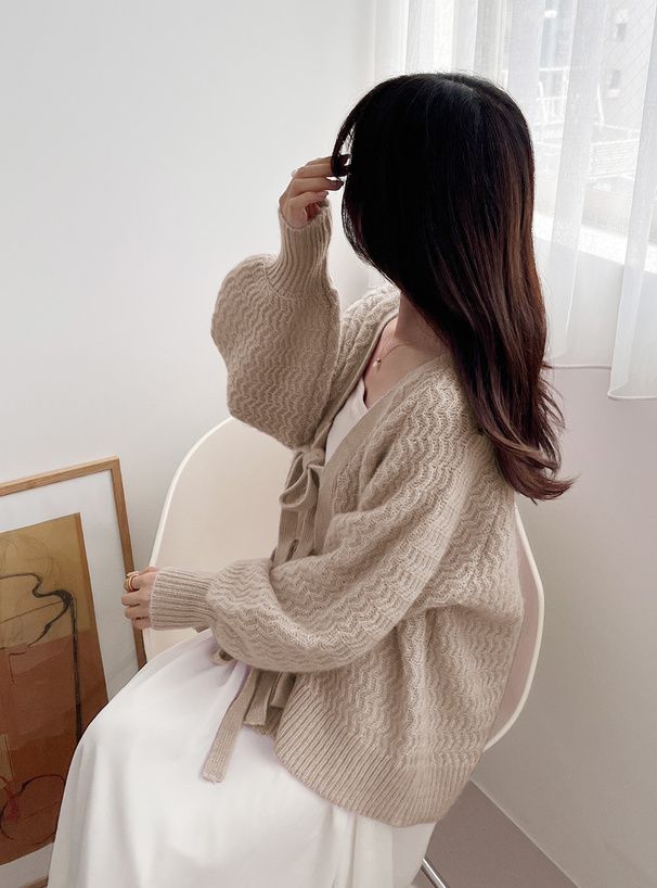 日本 GRL - 甜美綁帶開襟針織外套-淺粉 (F)