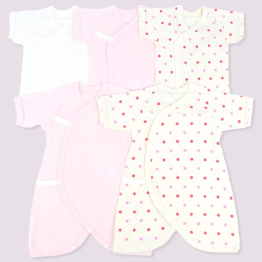 akachan honpo - 新生兒內衣5件組 釦子款-短袖 7分袖 點點-粉紅色 (肚衣50cm 蝴蝶裝50cm~60cm)