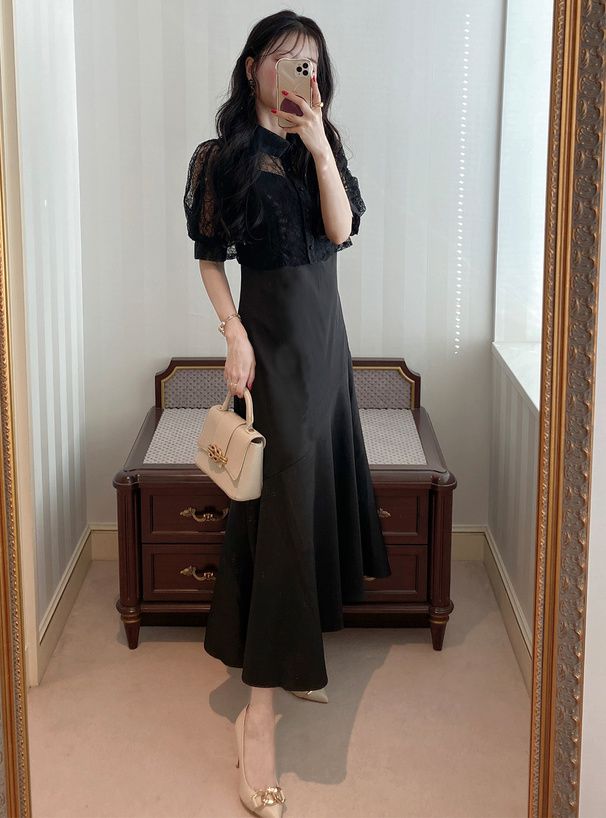 日本 GRL - 氣質花蕾絲兩件式洋裝-優雅杏