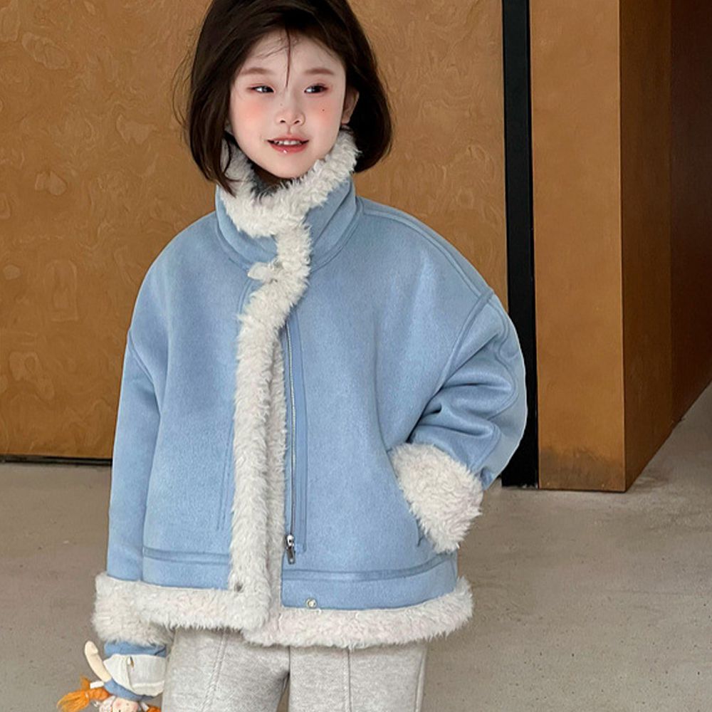 甜心羊羔絨拼接外套-藍色