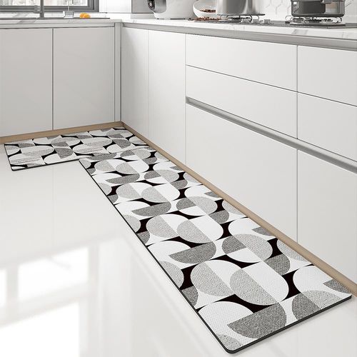 廚房防滑防水腳踏墊-半圓幾何-黑+白