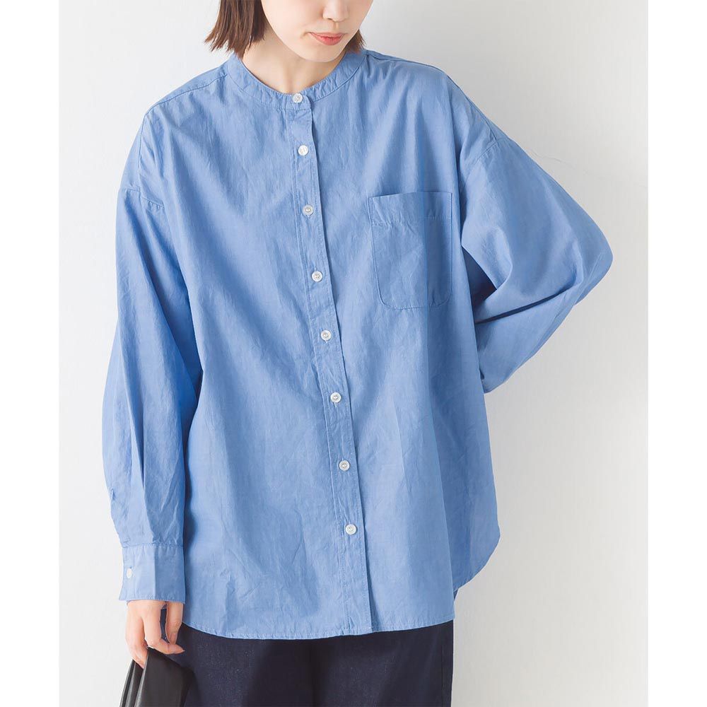 日本 OMNES - 100%棉 厚磅小立領長袖襯衫-寶石藍-1435