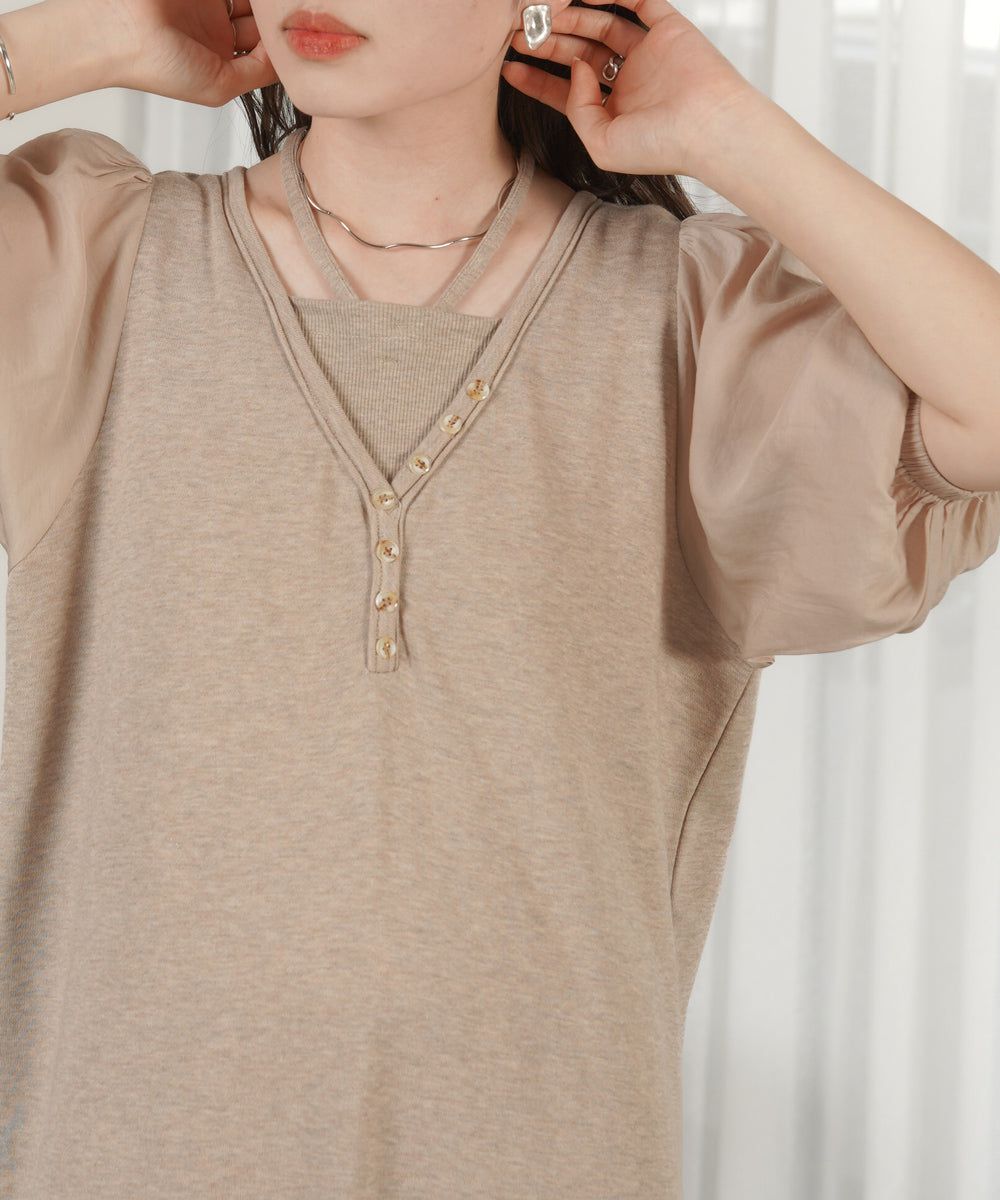 日本 Bab - 優雅綁帶V領泡泡袖洋裝-淺摩卡