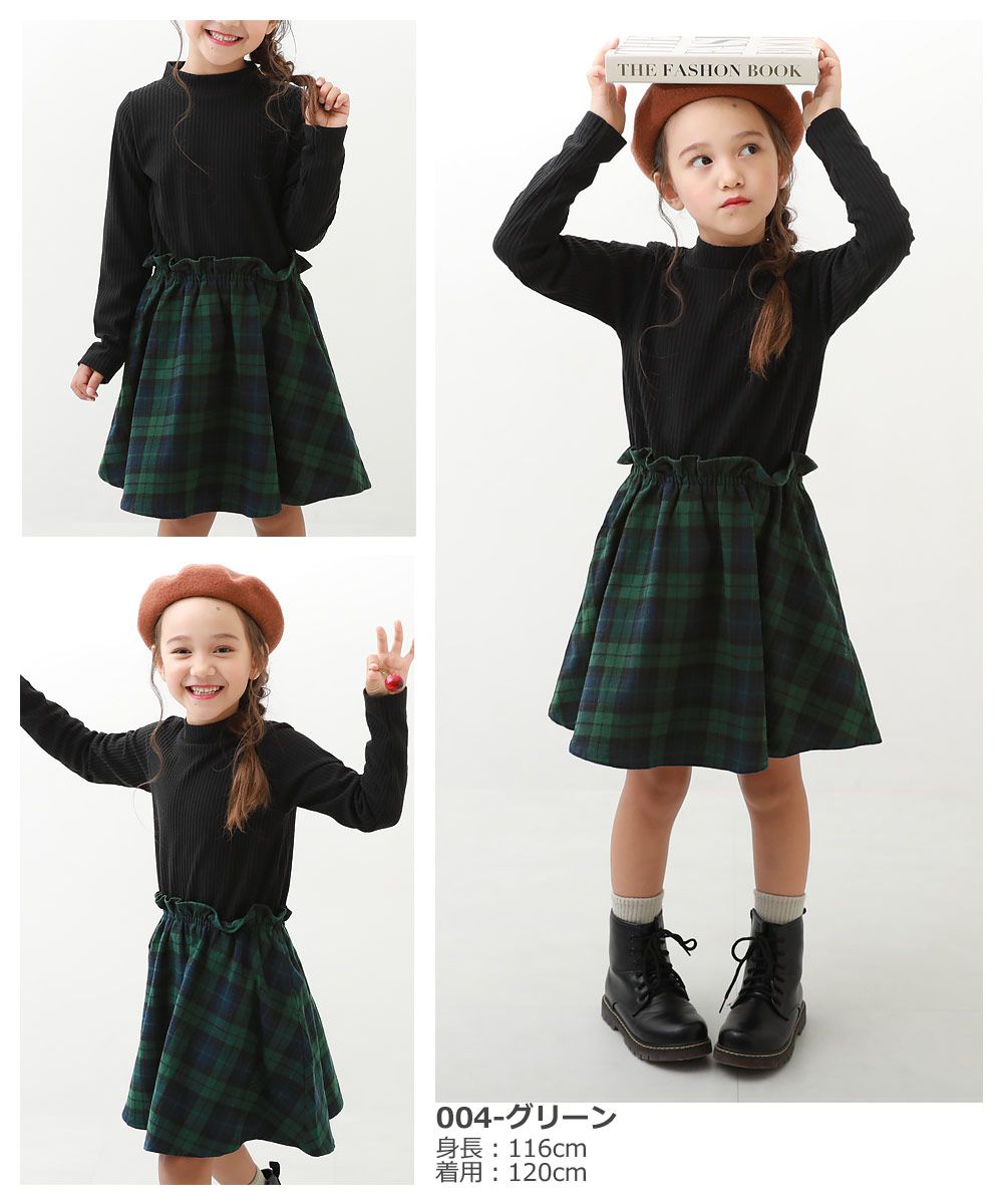 日本 devirock - 甜美羅紋拼接長袖洋裝-格紋裙-咖啡x深藍