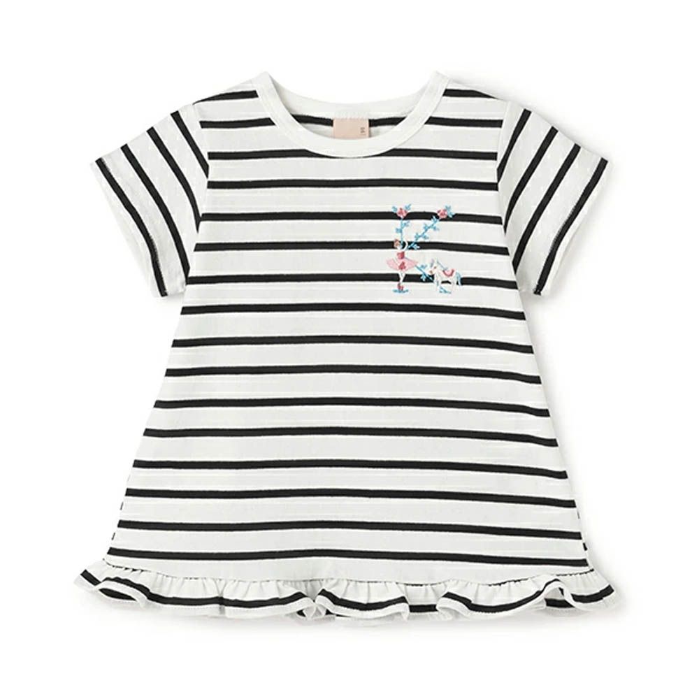 荷葉邊英文刺繡短袖上衣-K-黑x白