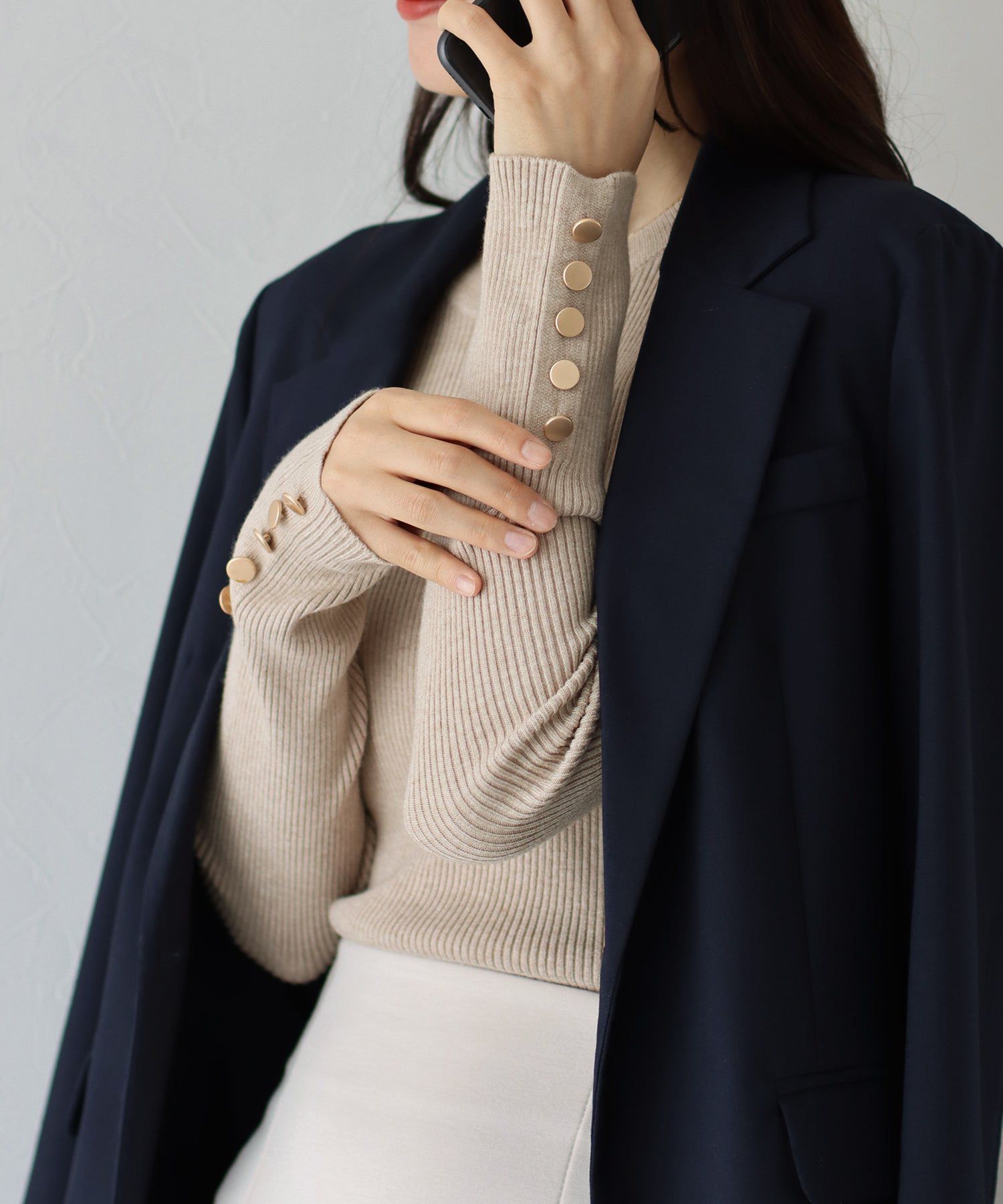 日本 BLUE EAST - 時尚金釦羅紋針織上衣-墨綠