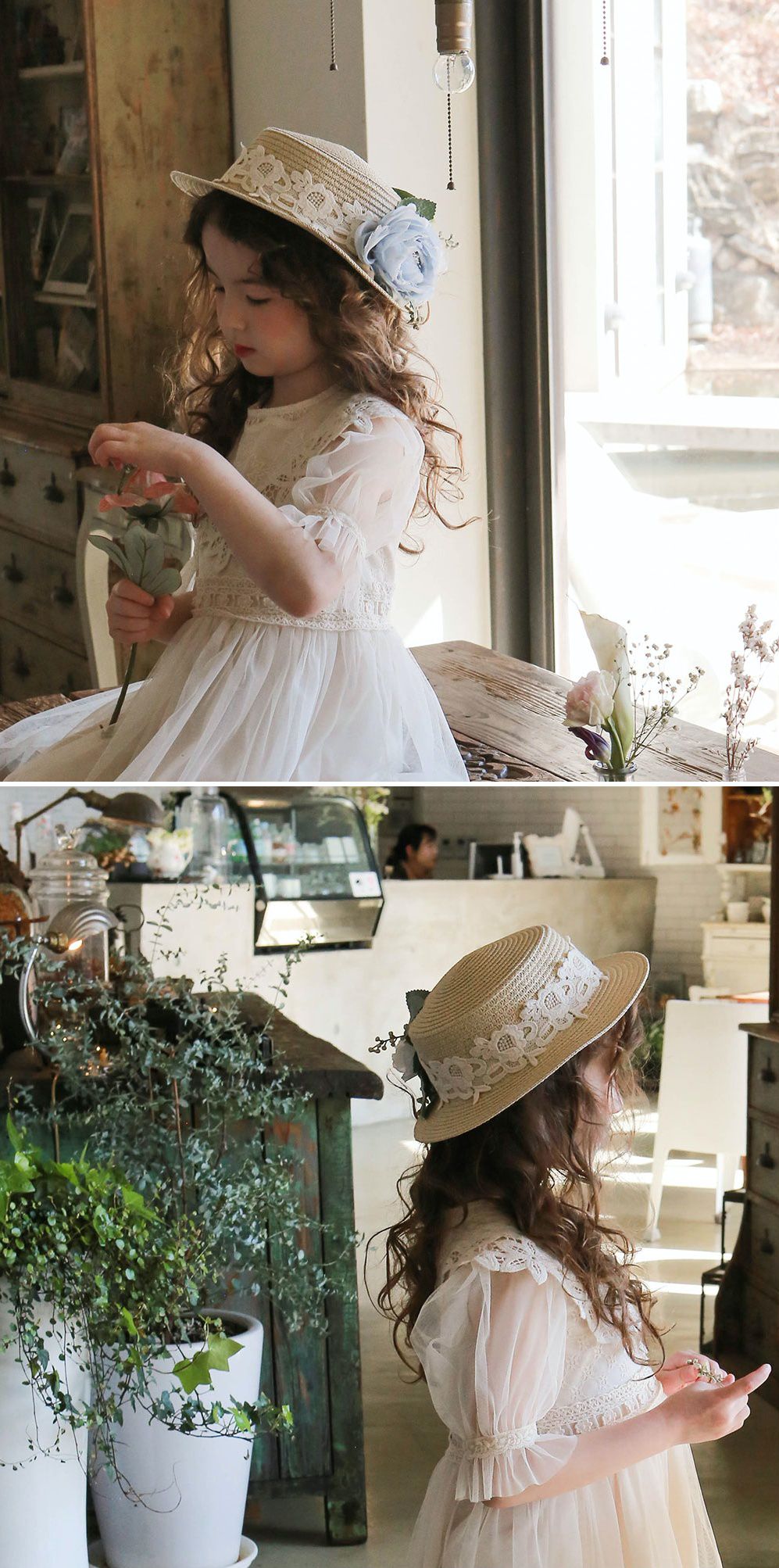 韓國 PuellaFLO - 藍白花朵裝飾蕾絲草帽 (3-7Y適用)