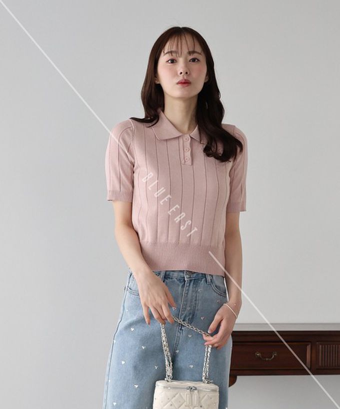 日本 BLUE EAST - 都會氣息寬羅紋針織短袖polo衫-黑