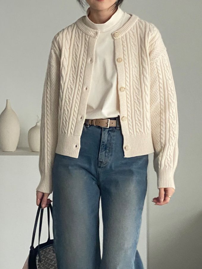 韓國女裝連線 - 麻花捲鈕扣無領針織外套-奶油米 (FREE)