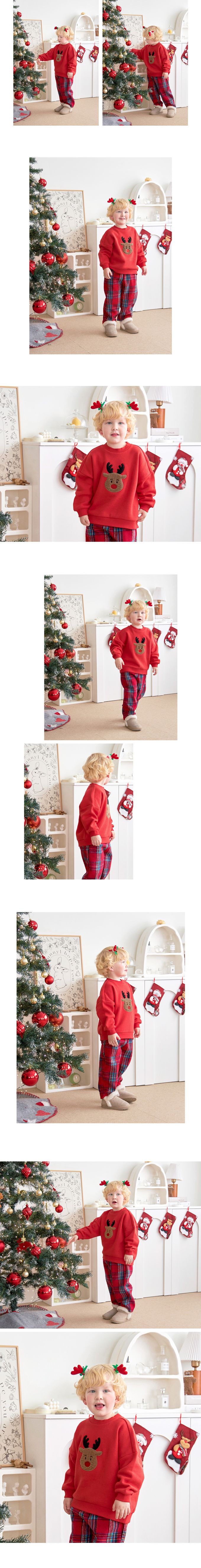 韓國 WALTON kids - (內磨毛)聖誕毛料馴鹿大學T-紅