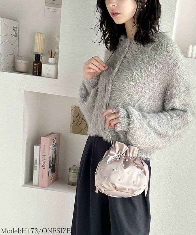 日本 Classical Elf - mily bilet 華麗緞面珍珠束口側背小包-象牙白